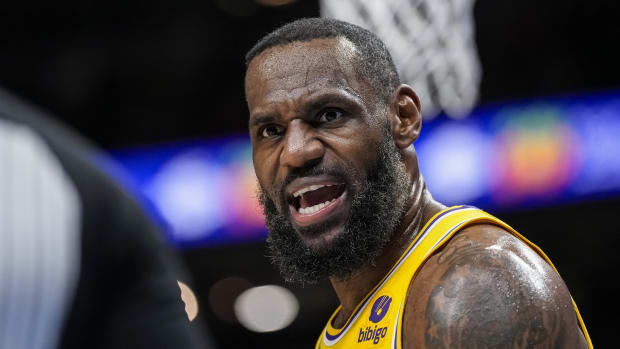 Jan 30, 2024; Atlanta, Georgia, USA; Los Angeles Lakers forward LeBron James (23) reacts to an official after being called for a foul during the game against the Atlanta Hawks during the second half at State Farm Arena. Mandatory Credit: Dale Zanine-USA TODAY Sports